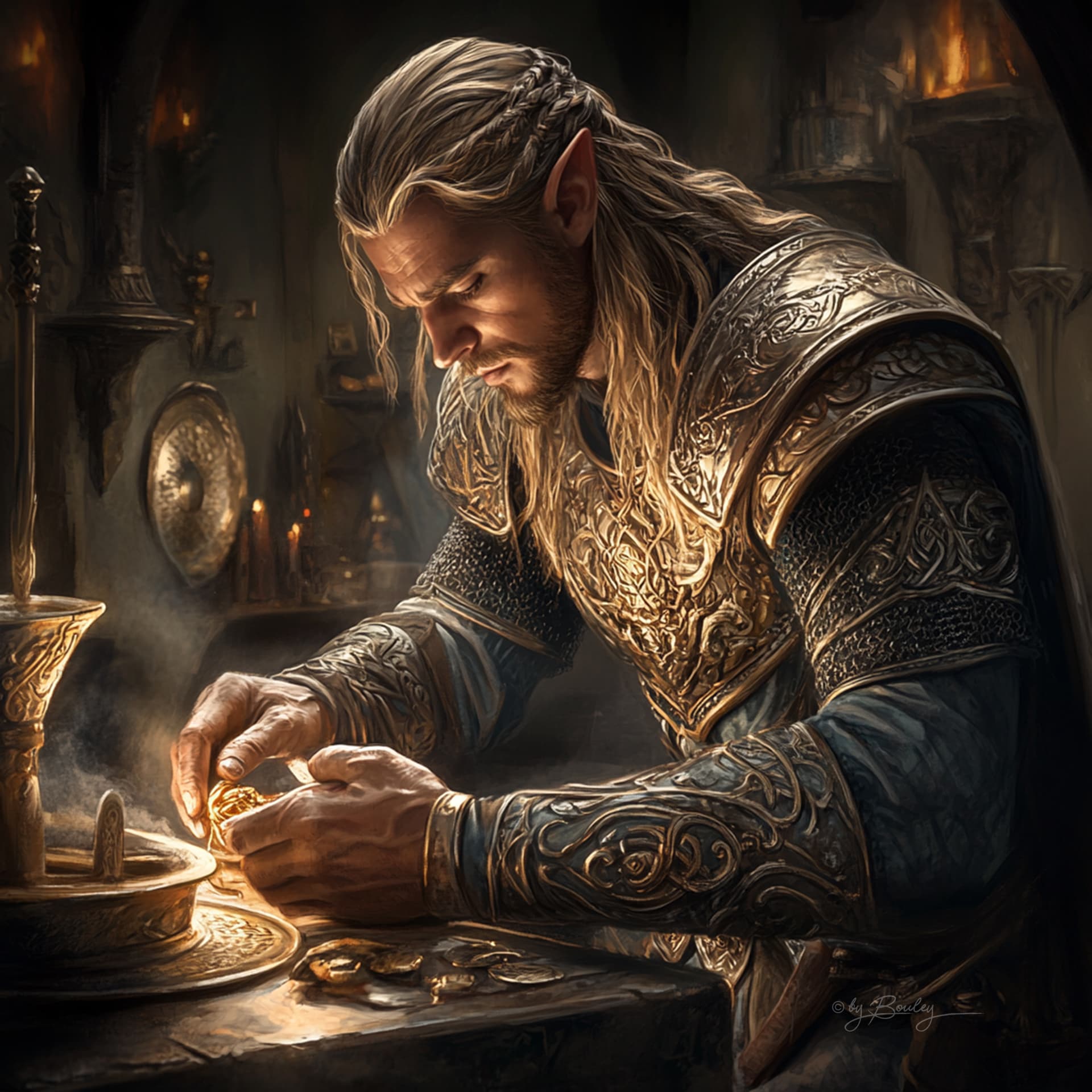 AI generated: A blond strong beautiful elven smith in a forge working on a golden ring. He looks concentrated on t...