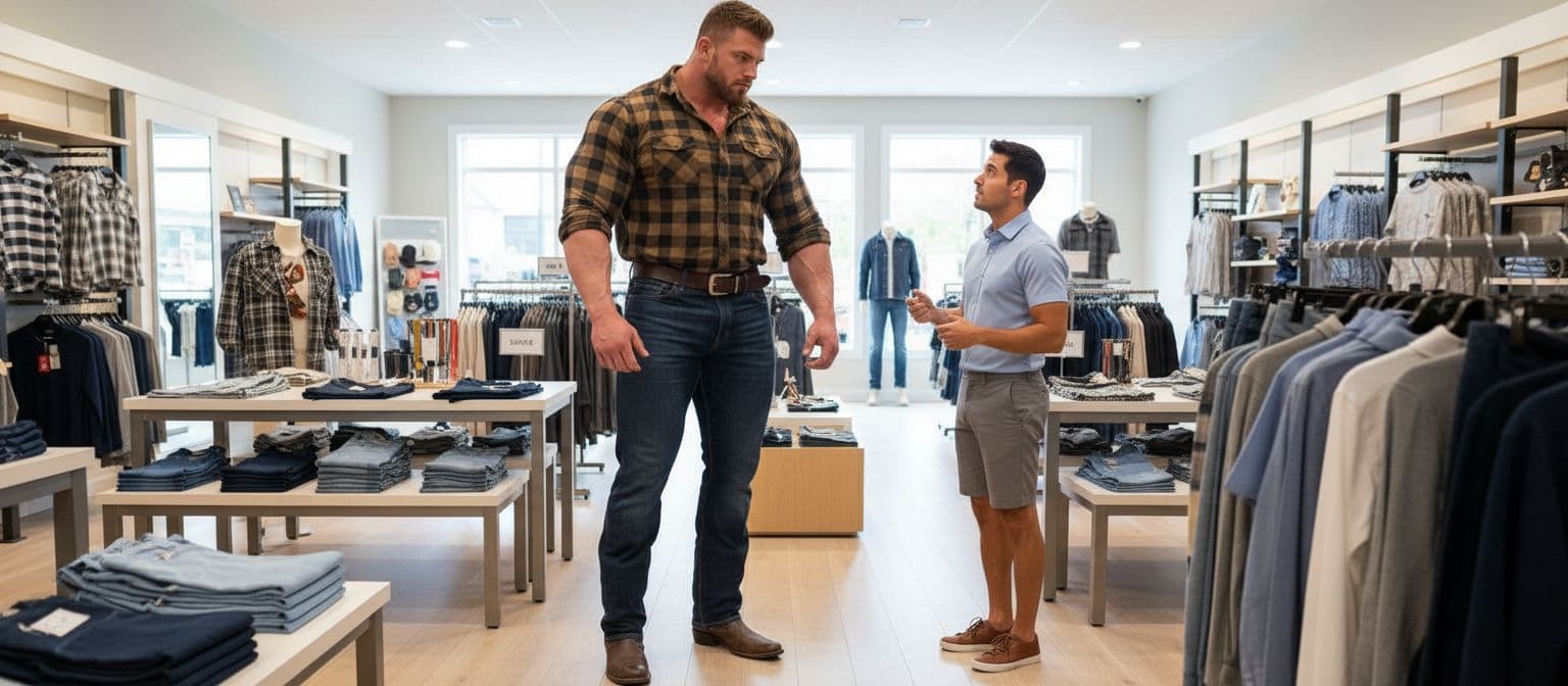 AI generated: Inside a clothing store. A bodybuilder is white male 6'4" tall, he has huge muscular shoulders, and ...
