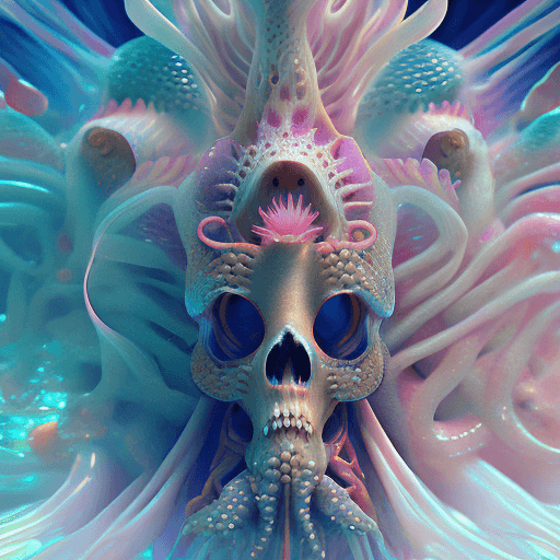 AI generated: Goddess close-up portrait ribcagel. jellyfish phoenix head, nautilus, orchid, skull, betta fish, bio...