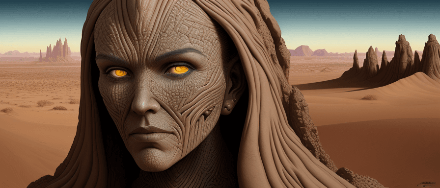 AI generated: large humanoid face with detailed and complex facial in the desert, a fantasy landscape in the style...