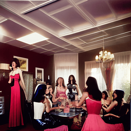 AI generated: Kodachrome photograph, 1970's home photo. Slightly elevated rear view of A room full of female party...
