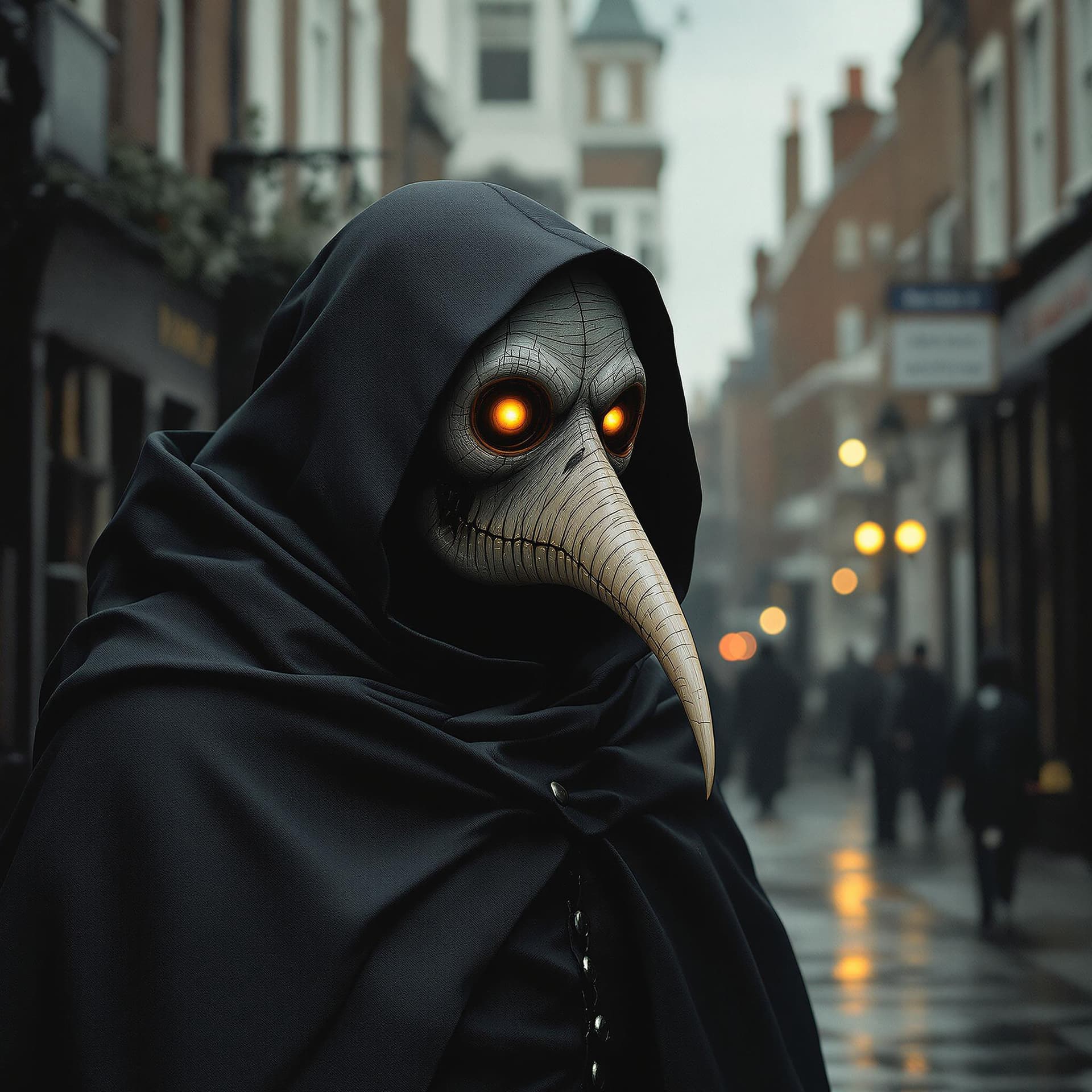 AI generated: surrealistic creature wearing a plague doctor mask with glowing eyes, wearing black cloak, stood on ...