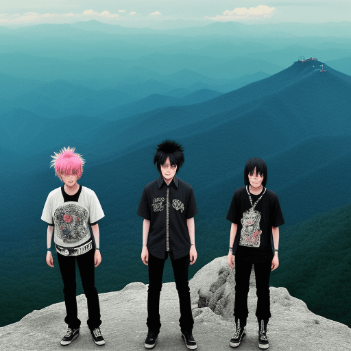 AI generated: Hyper realistic eye level  photo of a japanes teen punk band with three members standing on top of a...
