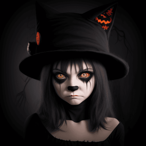 AI generated: black cat with black eyes, halloween hat, sad and scared, horror background.
