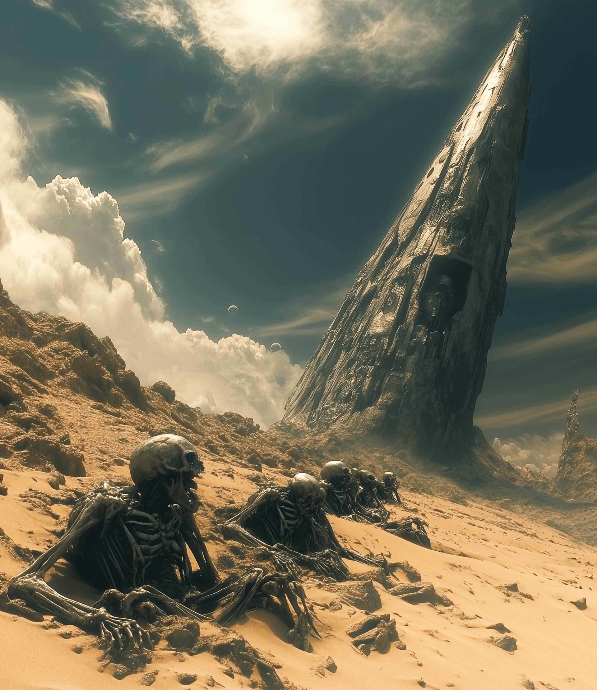 AI generated: discovery of an ancient alien wreck. dead alien skeletons sit in the wreckage --ar 70:81 --s 250 --s...