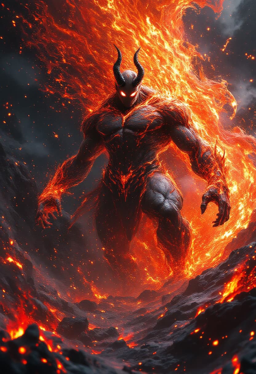 AI generated: God of Volcanos and Lava full-body, Etherial, muscular, Glowing white and red eyes, epic, cinematic,...