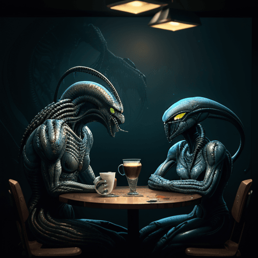 AI generated: Coffee Shop in Space, a Predator from movie Predator (1987) drinking coffee with an Alien from monie...