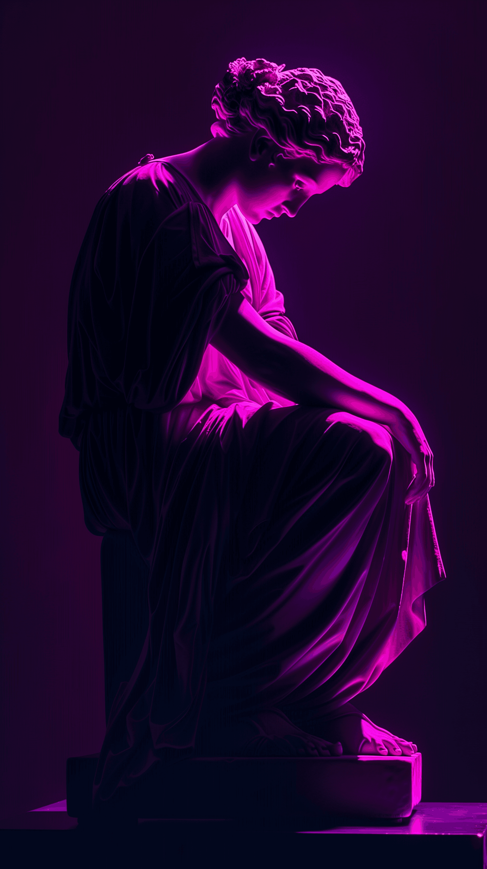 AI generated: vaporwave style, neon pink greek statue of a woman with curly hair sitting on a black background, da...