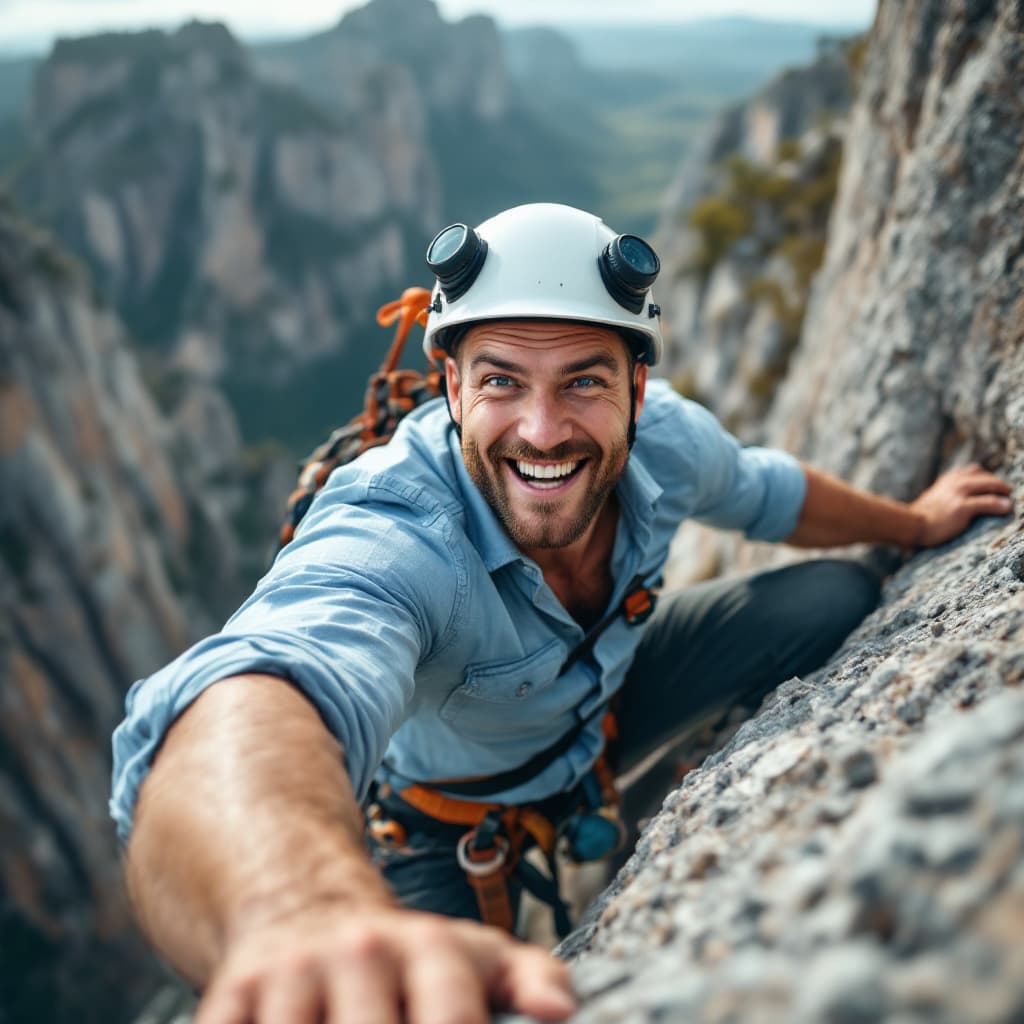 AI generated: A burly masculine man with sharp eyes full of enthusiasm climbing a steep cliff, wearing a light blu...