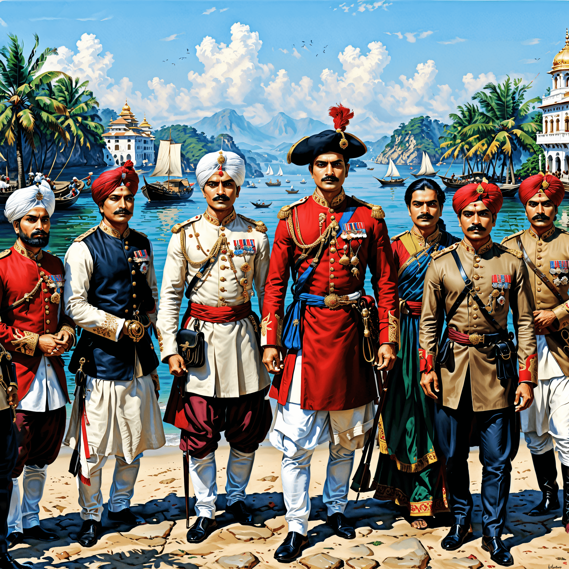 AI generated: Generate an image depicting the arrival of the East India Company in India, marking the beginning of...