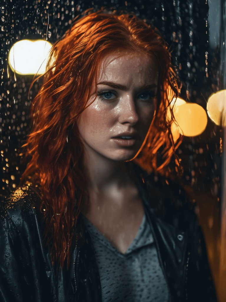 AI generated: portrait of a red-haired girl, scared and nervous, wet hair, night, rain, spray, wet misted window, ...