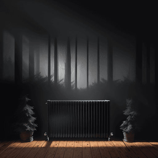 AI generated: home radiator that consumes energy , in the detailed dark forest ,the floor below the radiator rotte...