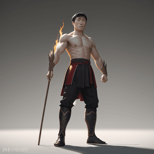AI generated: A young man stands tall and strong like Jet Li and Jackie Chan mythology, holding spear held by his ...