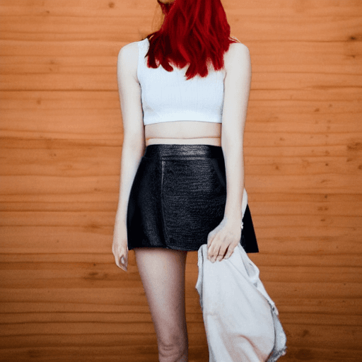 AI generated: attractive redhead | petite | wearing a crop top | wearing skirt | party mood | pixie cut | looking ...