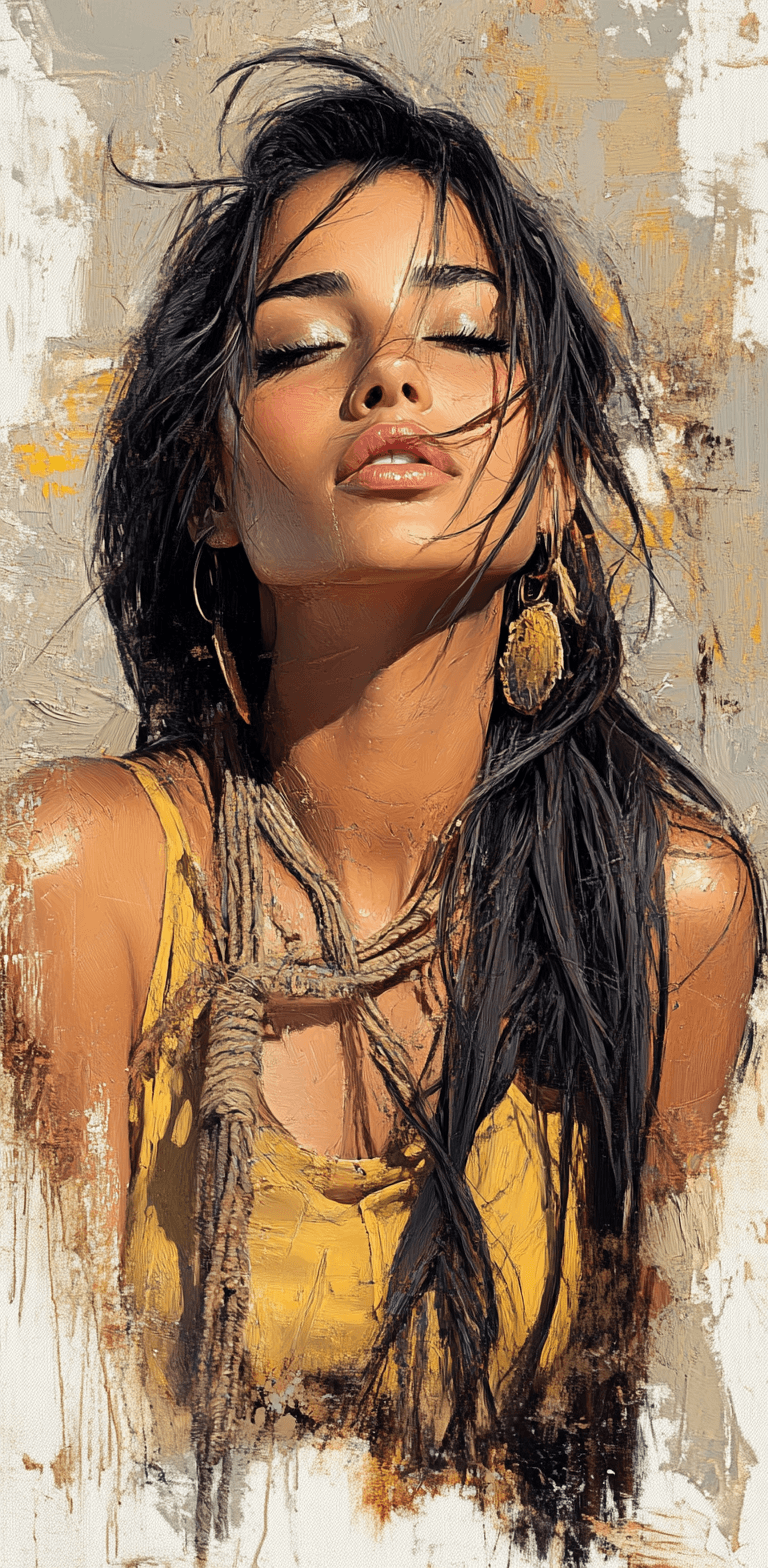 AI generated: an oil painting of a woman with long black hair, in the style of mike deodato, contemporary middle e...