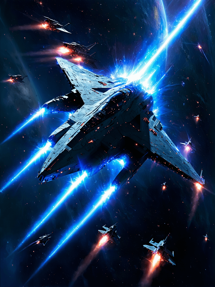 AI generated: A breathtaking **sci-fi battle scene** unfolds on a **colossal, war-torn space station** orbiting a ...