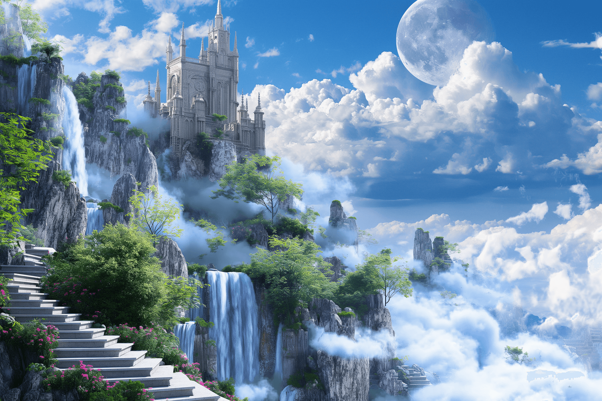 AI generated: 3d fantasy world with magical castle, clouds and waterfalls, stairs to the moon , trees, photo reali...
