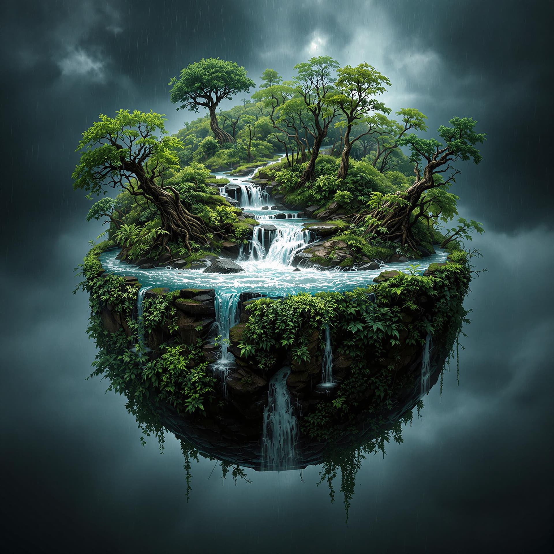AI generated: A floating microplanet reveals a dense jungle, its surface overgrown with thick vines and towering t...