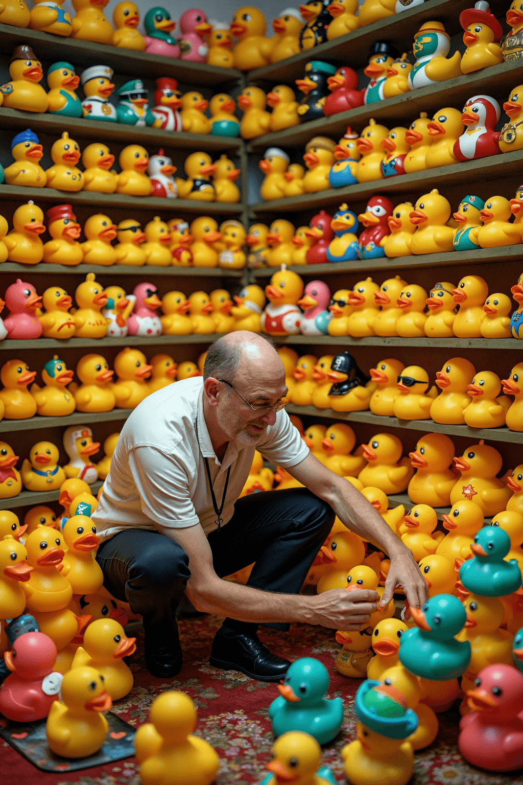 AI generated: Every surface of the room is jam-packed with rubber ducks in every imaginable style and size. Tiny k...
