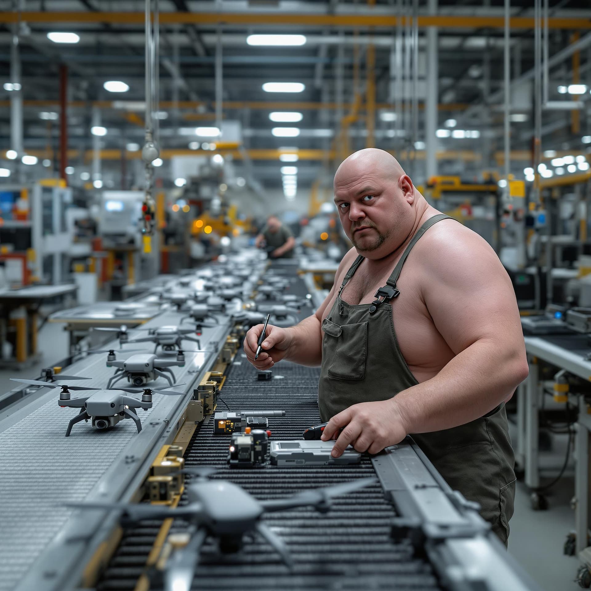 AI generated: In the photo, a fat, hairless factory worker on the shop floor stands by a conveyor belt along which...