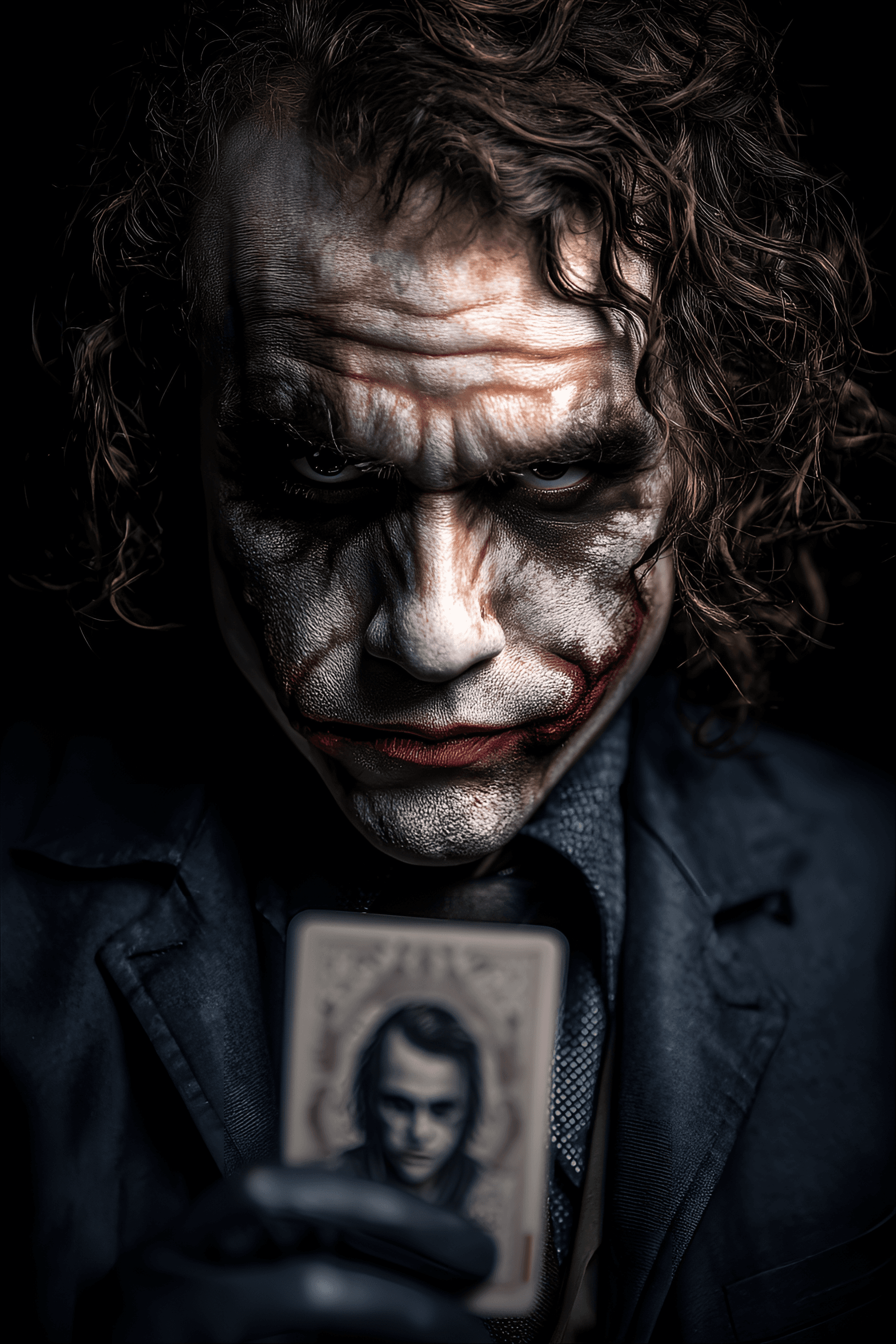 AI generated: Close-up portrait of the Joker, adult male, Caucasian,  with intense, villainous expression.  Dark, ...