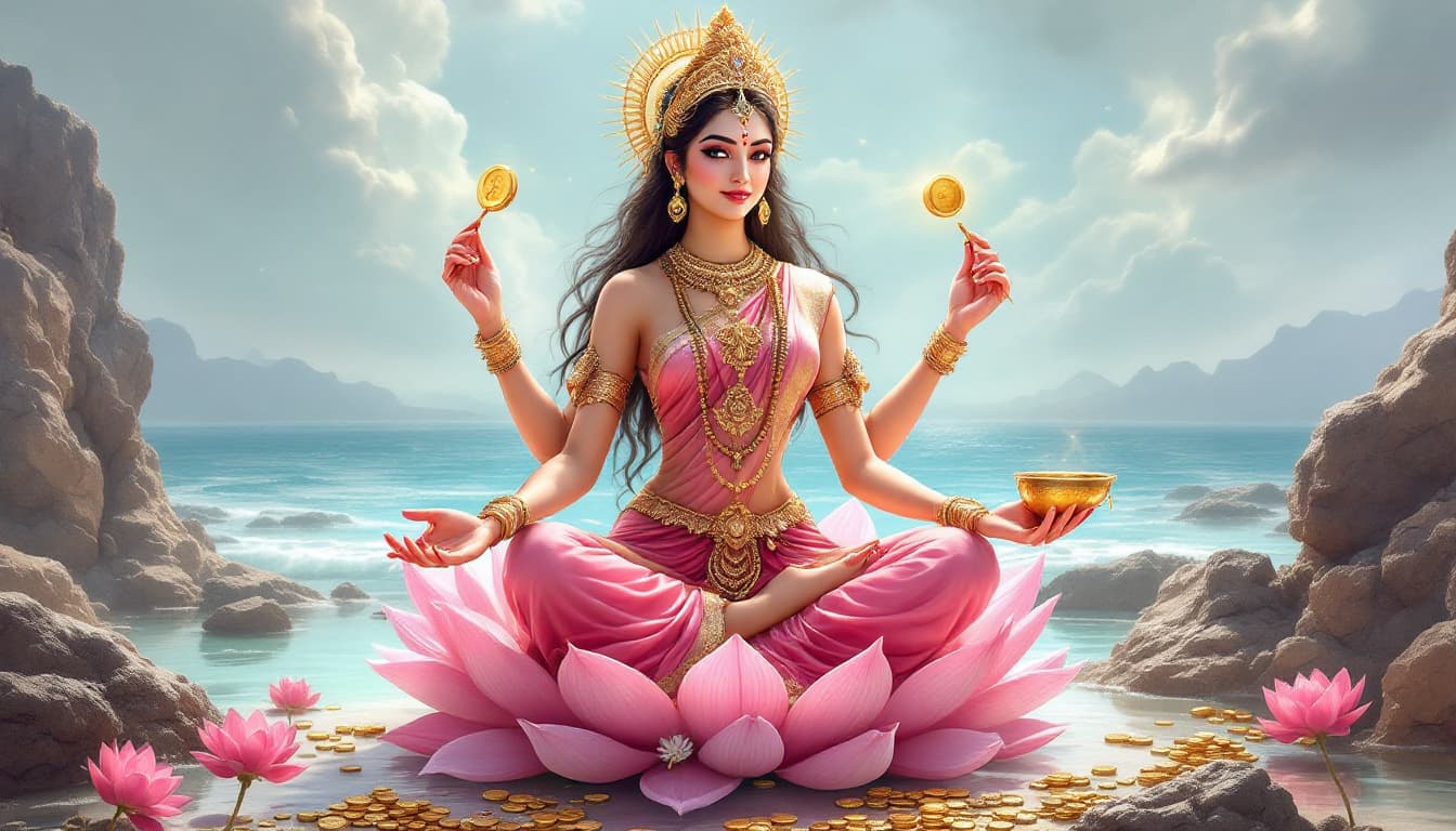 AI generated: A beautiful Laksmi goddess in a pink sari,4 arms,holding golden pot with coins and lotus buds,sits o...
