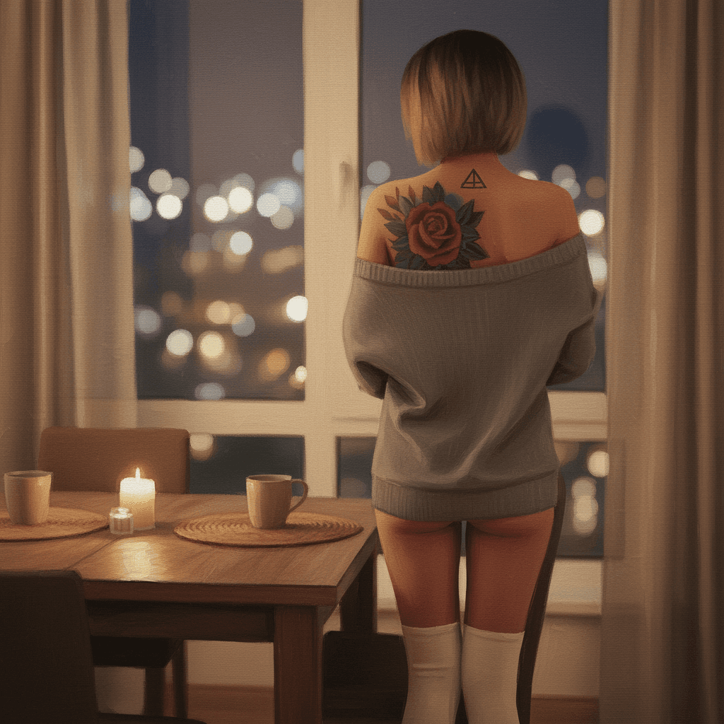 AI generated: A cozy, intimate evening apartment scene. A  blonde woman with a short dark bob haircut stands to th...