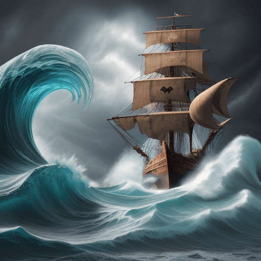 AI generated: High resolution photography, pirate ship, wave, strong wind, storm, enormous ship