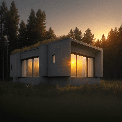 AI generated: a realistic photo, of a house, where walls are made of windows, in brutalist style, at sunset in the...