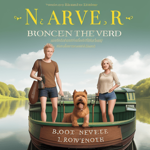 AI generated: A book cover that has a large green narrowboat called "Never Two Late" with one lady in shorts and b...