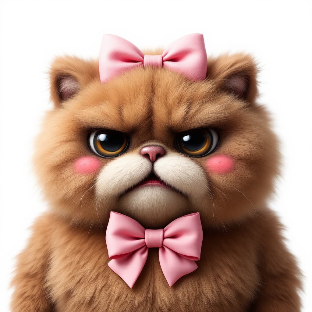 AI generated: very disgust face brown fluffy character wearing a pink bow on white background.