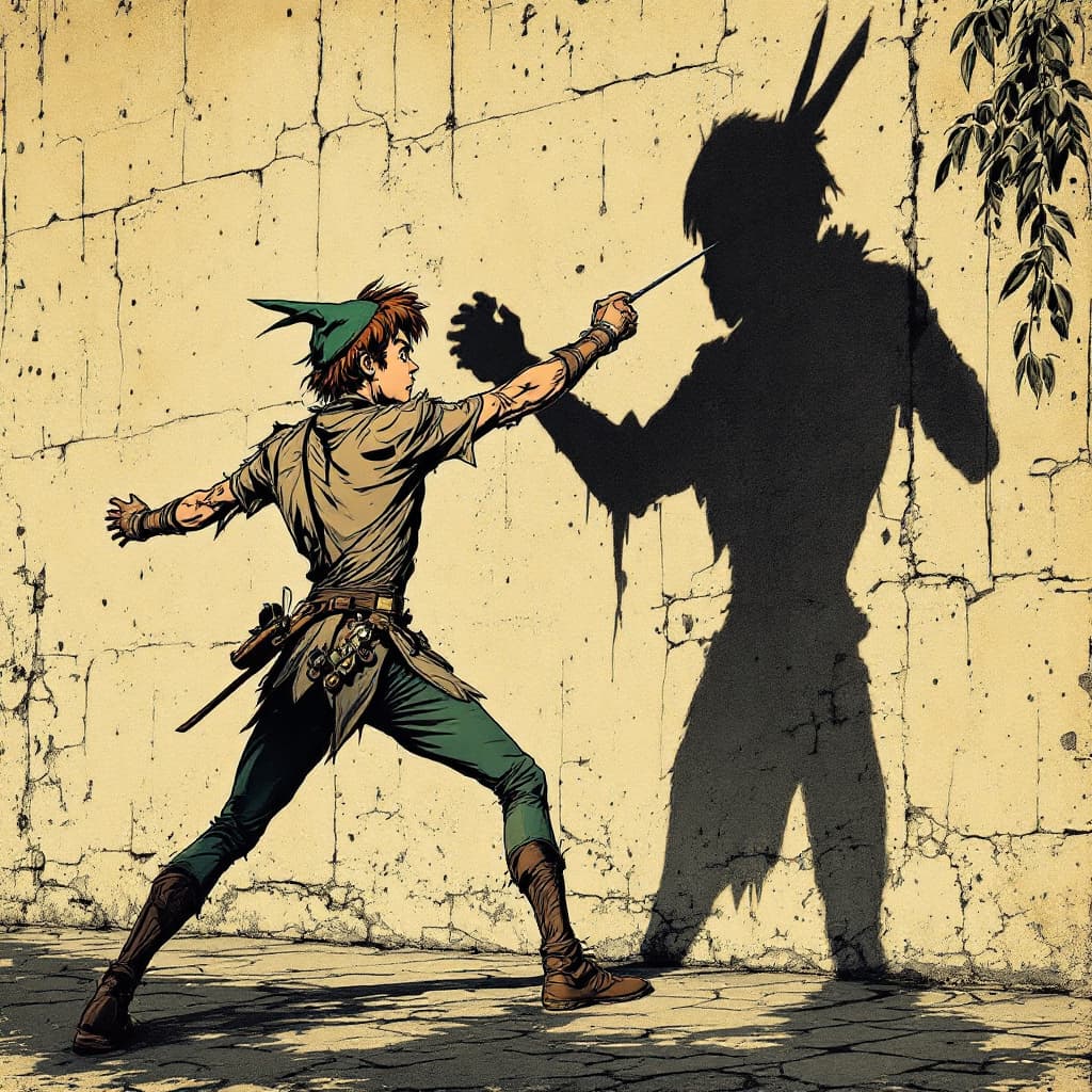 AI generated: Photorealistic comic book cover illustration, full body shot of peter pan fencing with his shadow ag...