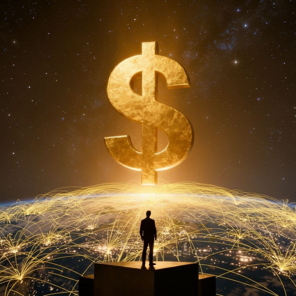 AI generated: A lone trader stands on a high platform overlooking Earth from space, their silhouette facing forwar...