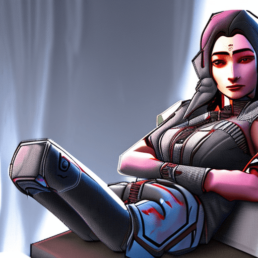 AI generated: Loba from the Game Apex Legends sitting on a Grey Mannequin's lap