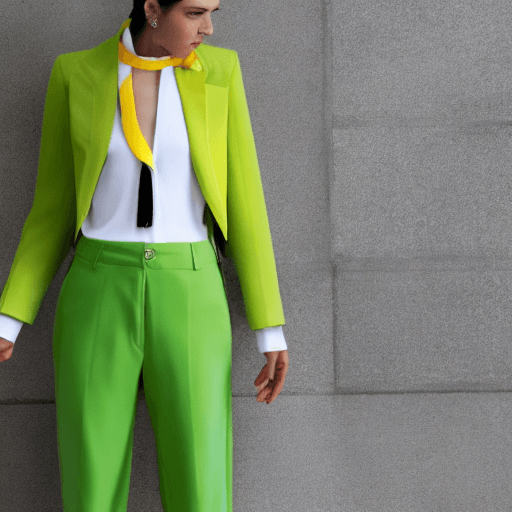 AI generated: fashion cover, front view, upper-body, woman model, white marble wall, black suit, green shirt, yell...