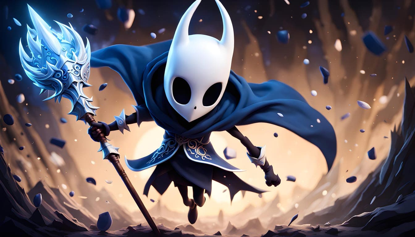 AI generated: Intricate CG unity wallpaper, close-up, Hollow Knight, White color mask with (perfect) round sockets...
