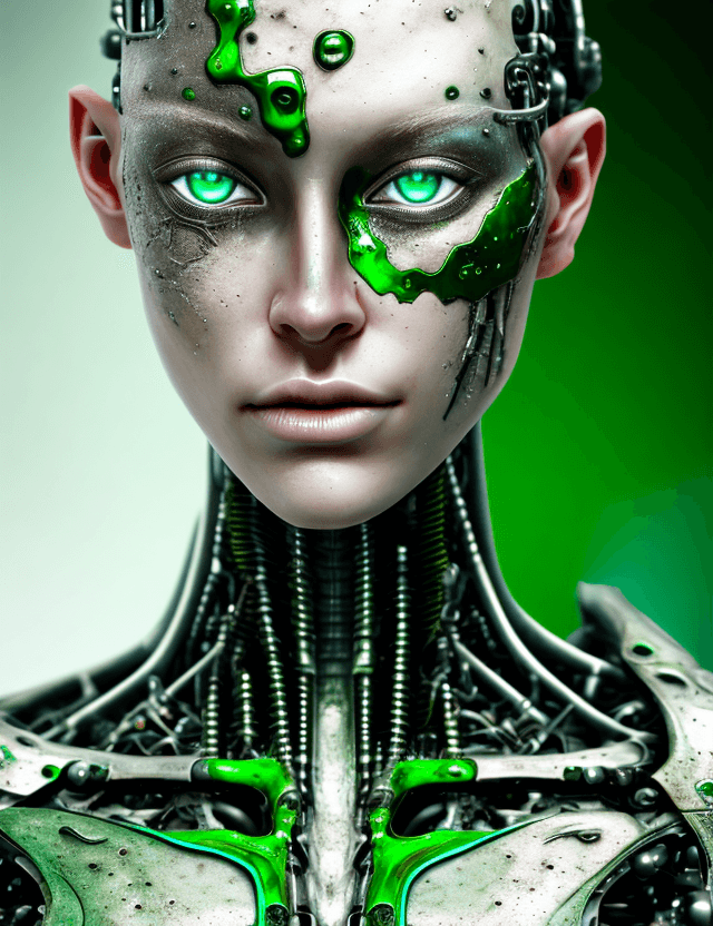 AI generated: Half cyborg, whole body view, front view, natural skin, natural green eyes, melting into the patinat...