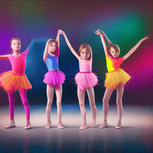 AI generated: High resolution photography of 3 girls between  7 and 14 years old dancing on pop music. colorful at...