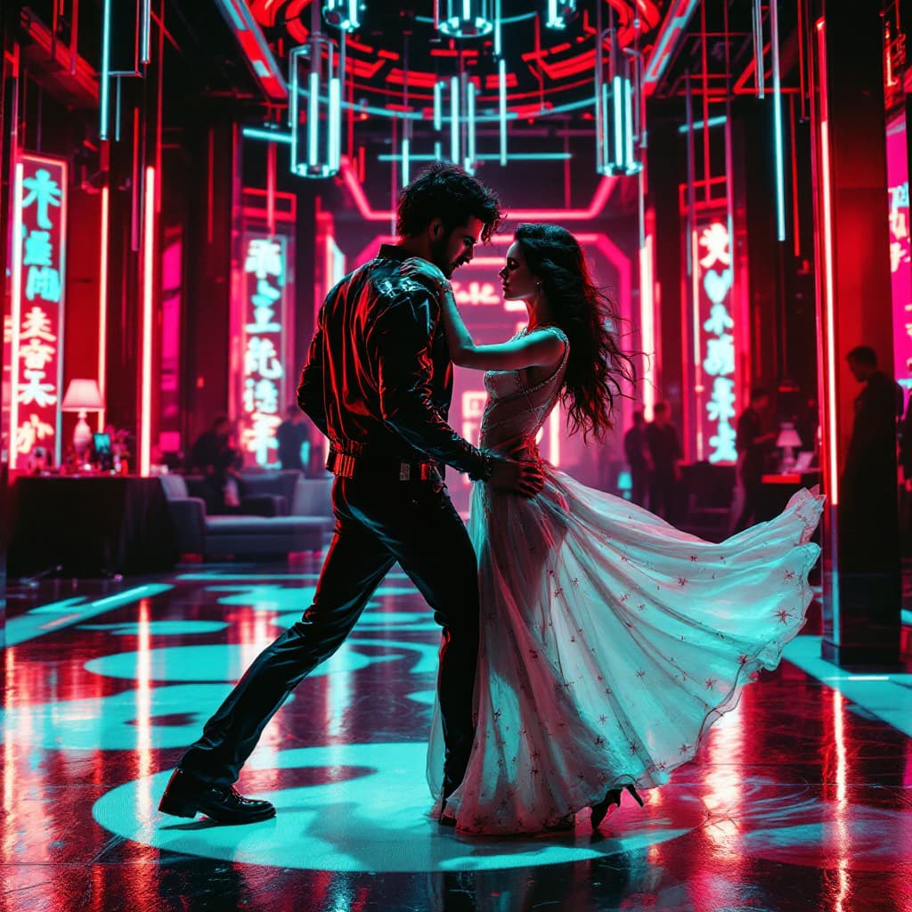 AI generated: Cyber punk Couple slow dancing in a cyber punk ball room