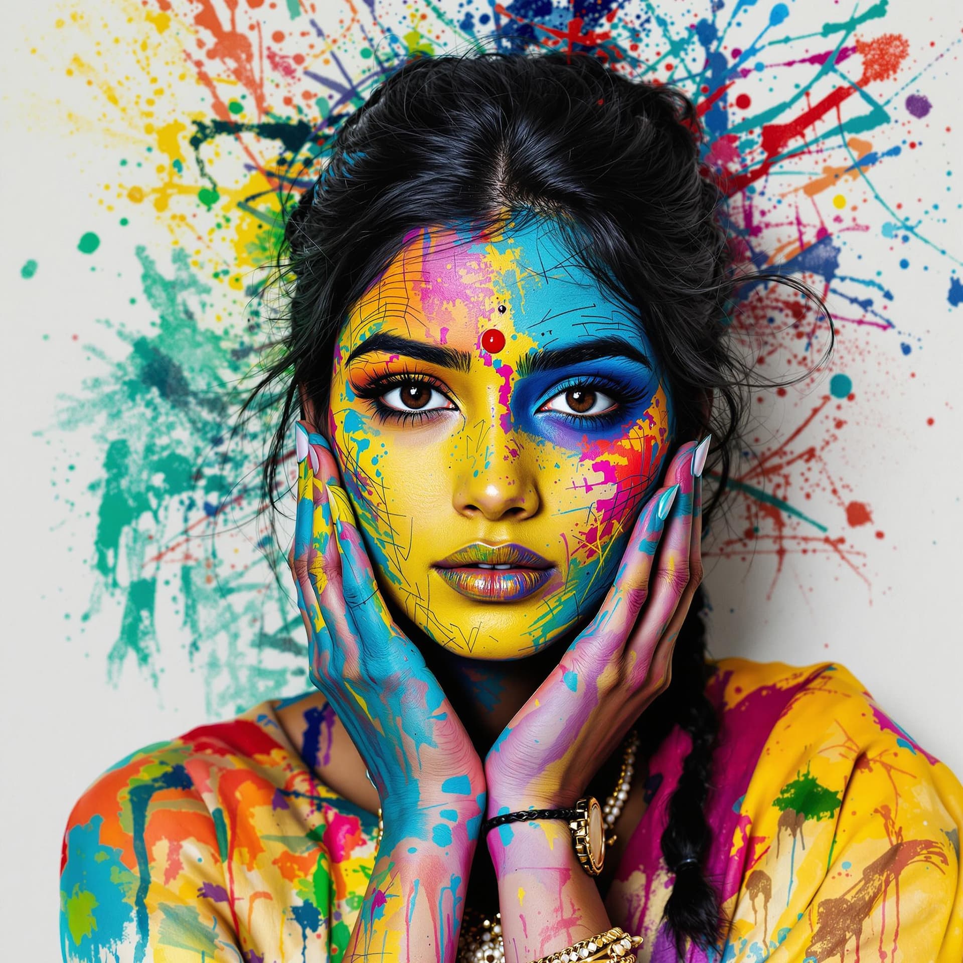 AI generated: Modern Indian girl with paint on her face, in the style of different colors, master of ink, acrobati...