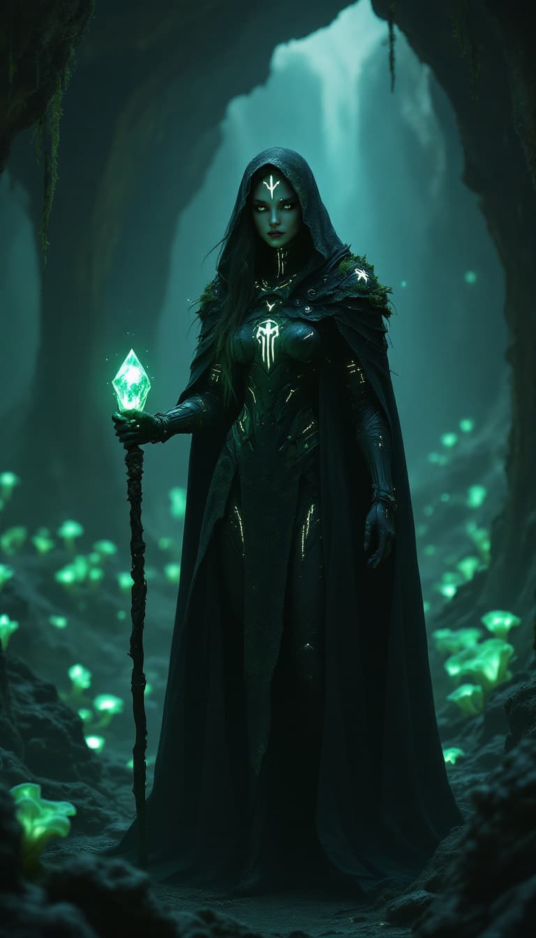 AI generated: A cinematic digital artwork featuring a mysterious, female armored figure in a cloaked and watchful ...