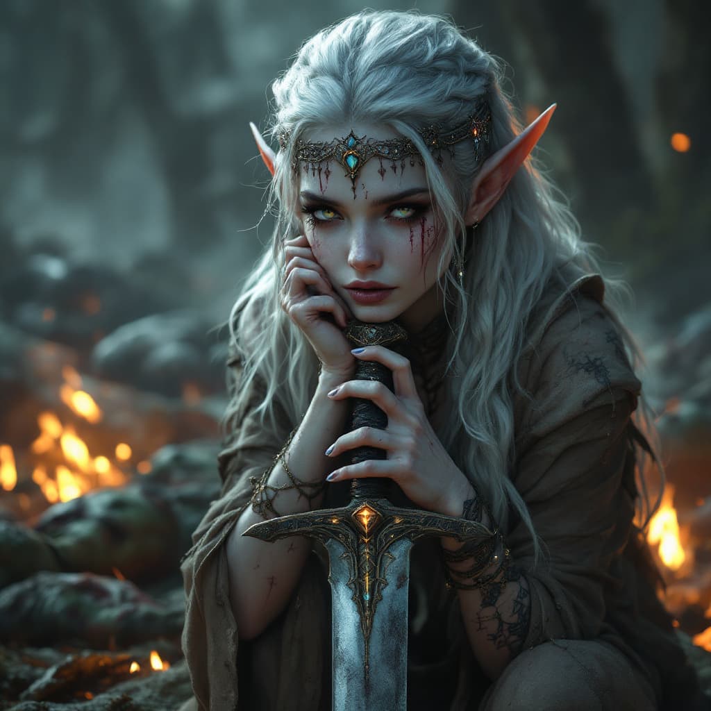 AI generated: Create a highly detailed, fantasy-style digital artwork of an elven woman warrior , she is resting h...