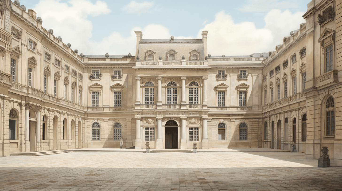 AI generated: an old illustration of a building in a courtyard, in the style of hellenistic art, monumental figure...