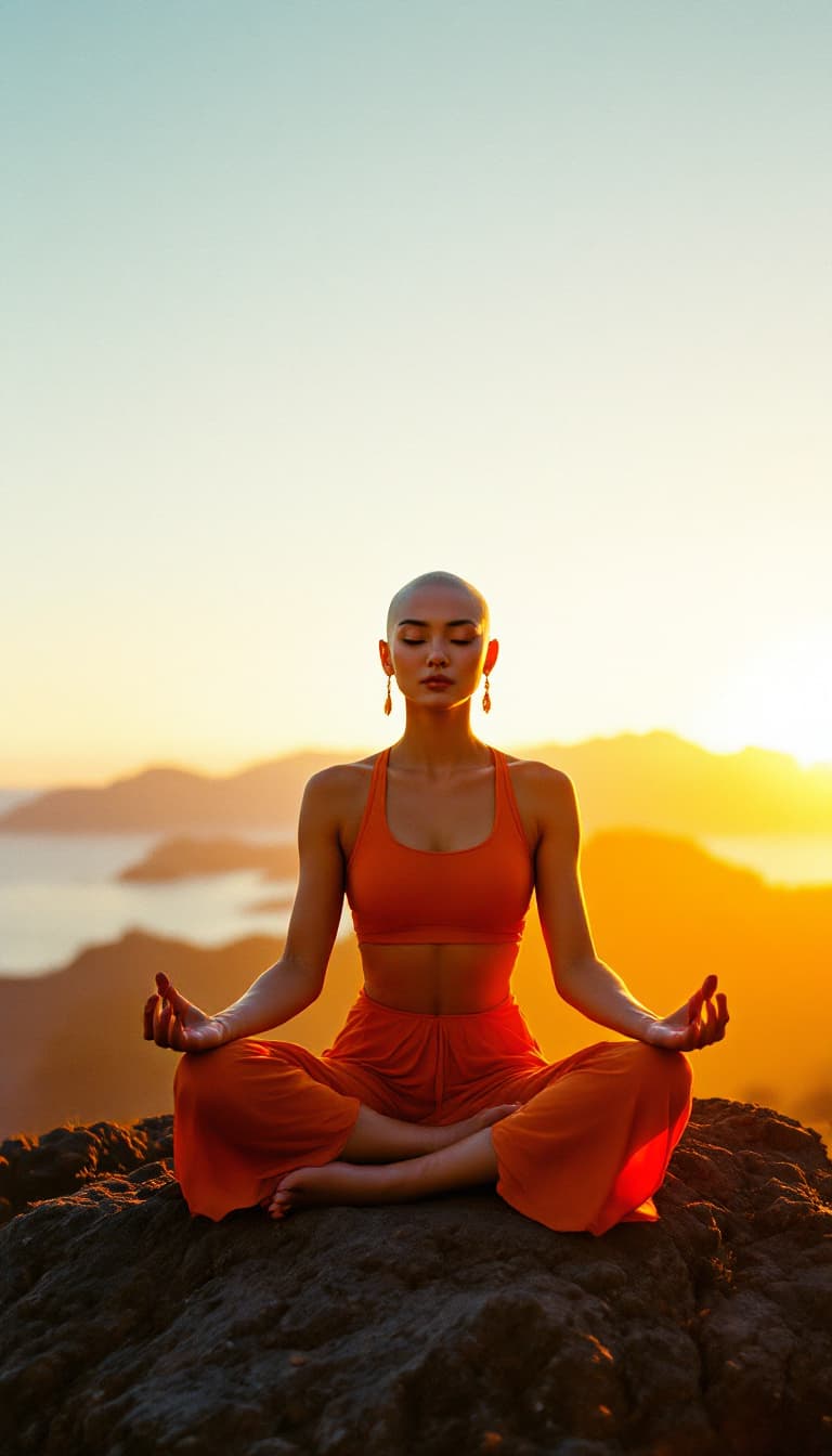AI generated: At sunset, during golden hours, closeup photo of a bald Chinese queen doing yoga, sitting on top of ...
