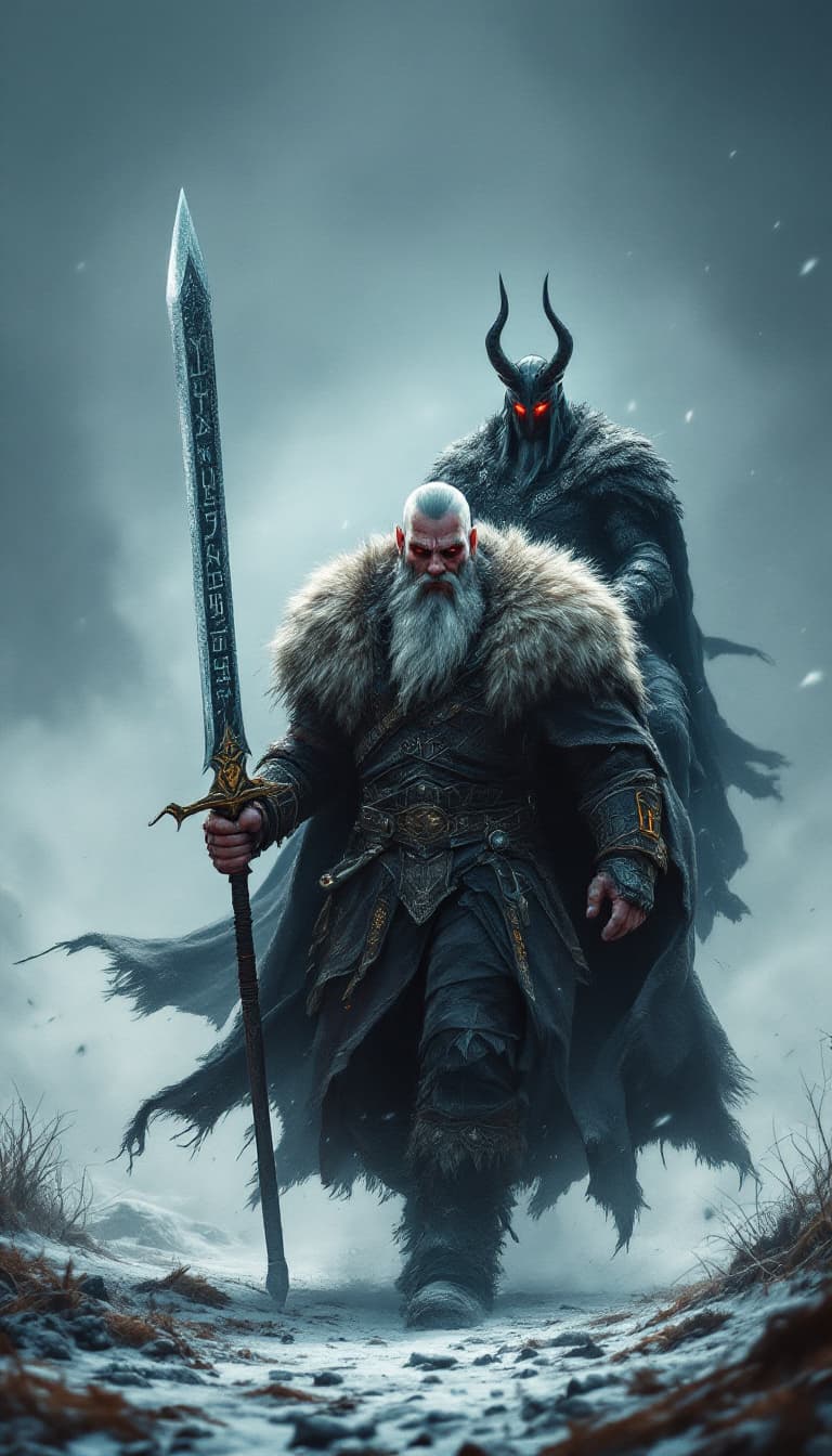 AI generated: An ultra-realistic, zoomed out, front facing full-body portrait of a towering Berserker, his fur-lin...