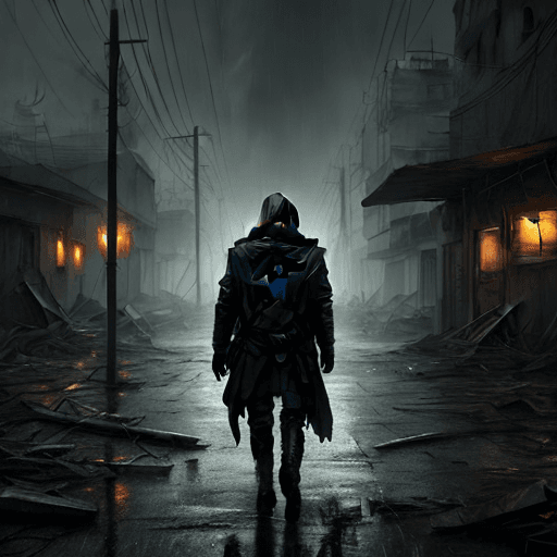 AI generated: Realistic image of post-apocalyptic city. Hooded person from the back. Rain, night, no electricity a...