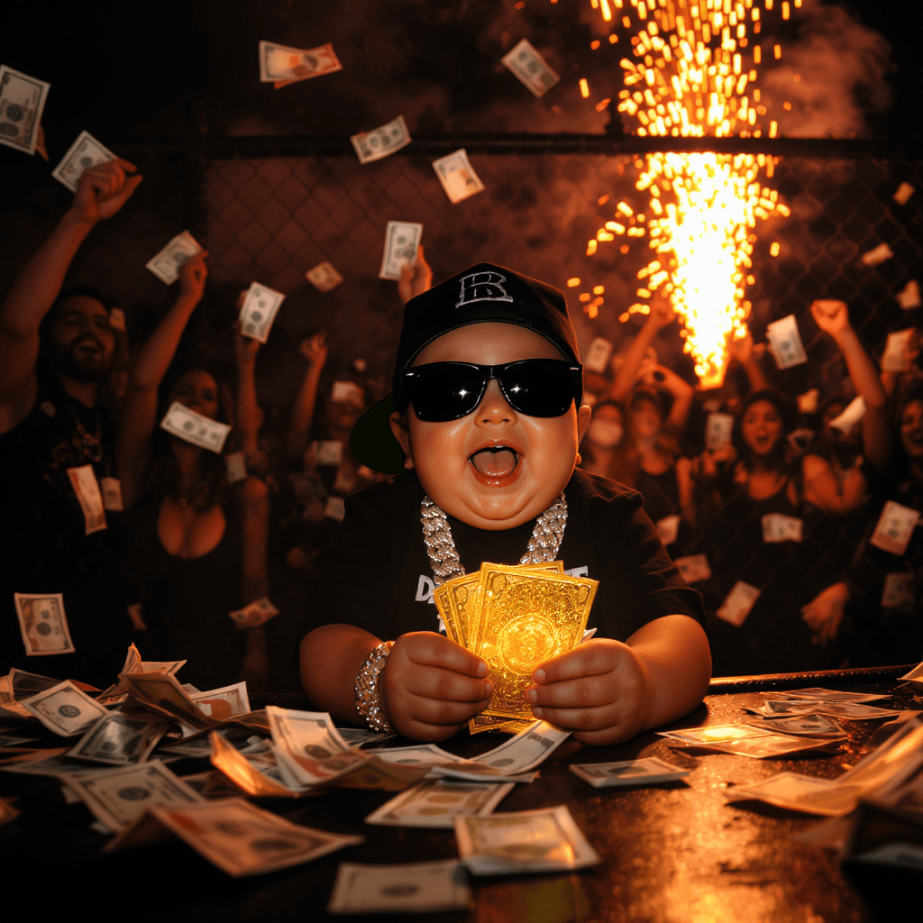 AI generated: A LITTLE FAT WHITE 4 YEAR OLD BABYBOY WITH SUNGLASSES  SITTING ON THE TABLE, FULL OF JOY, LAUGHING, ...