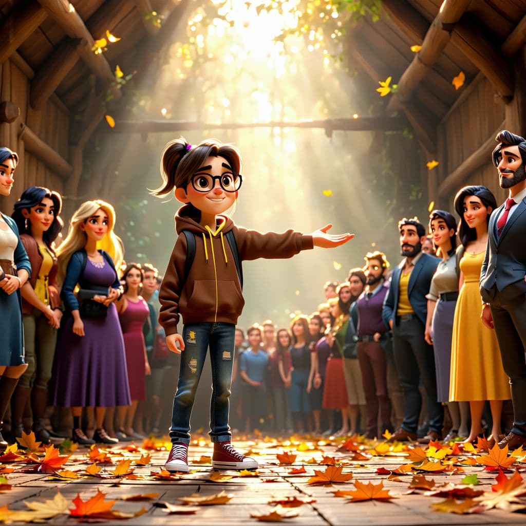 AI generated: A vibrant Pixar-style 3D illustration for a two-page storybook spread inside a towering dark wooden ...