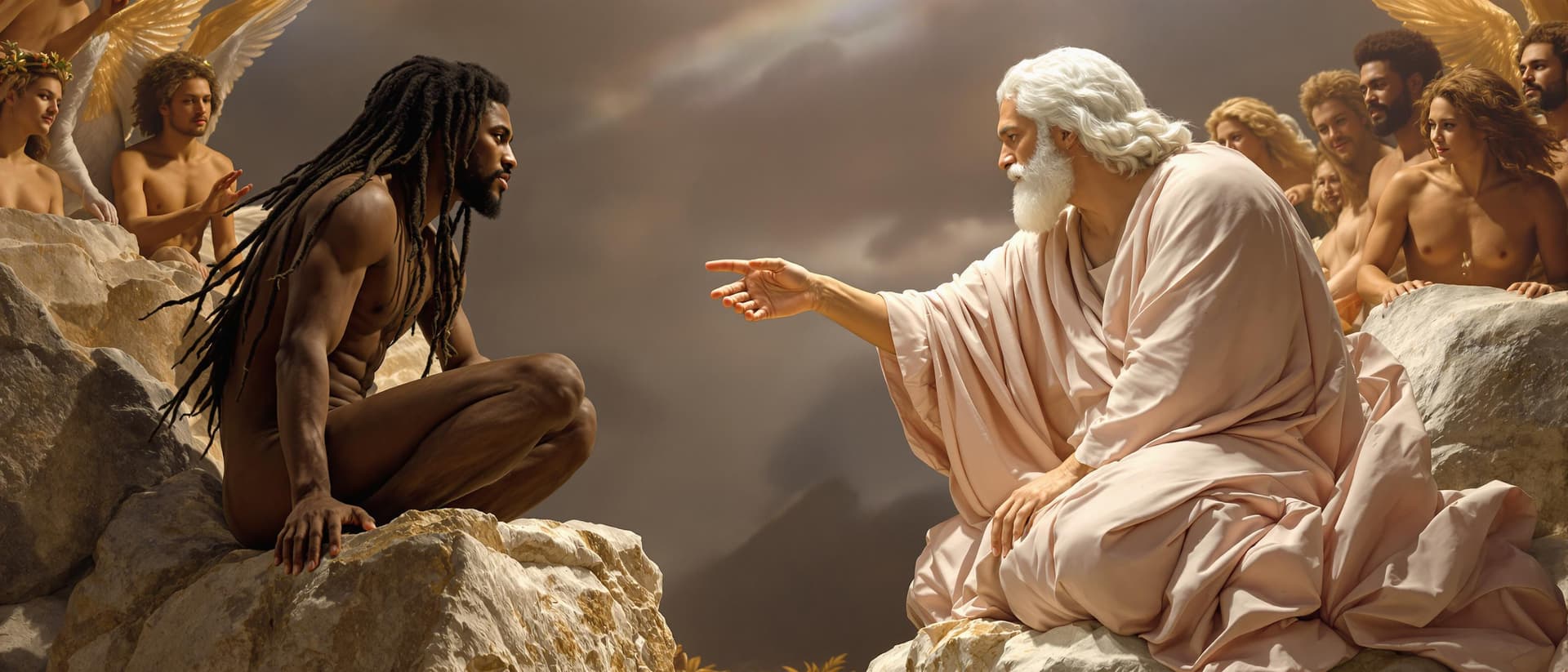 AI generated: Hyperrealistic photograph recreating Michelangelo's "Creation of Adam" with modern interpretation. T...