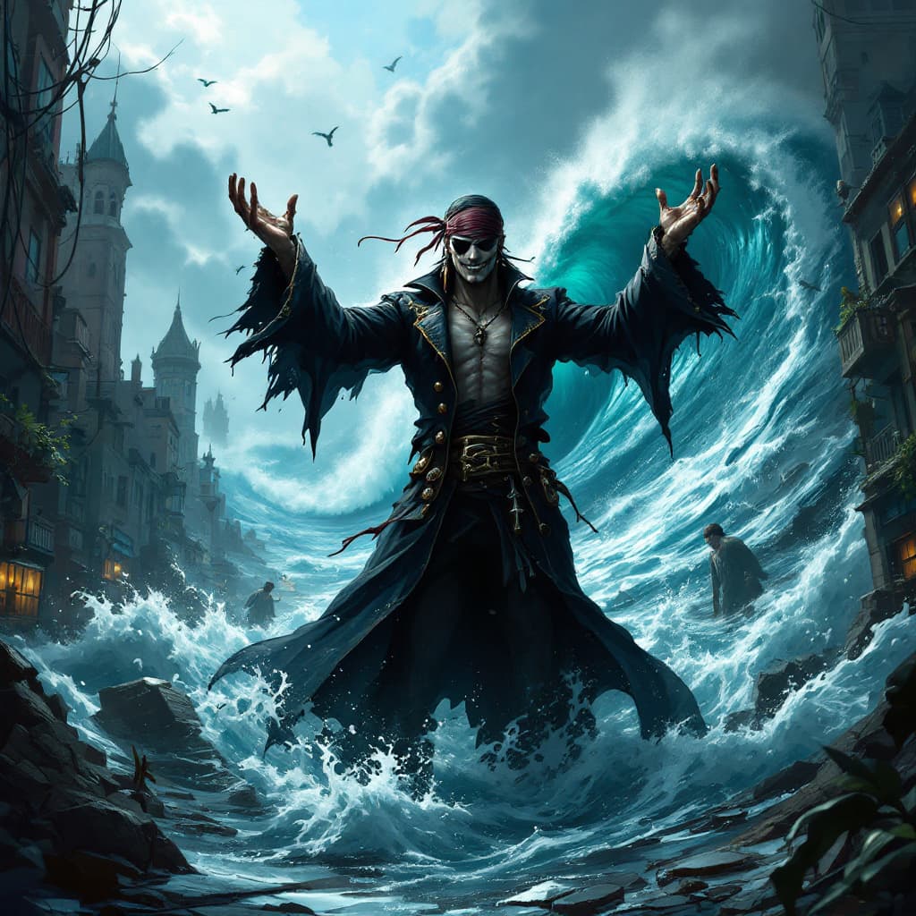 AI generated: The city lies submerged in chaos, its streets flooded and buildings half-drowned as towering waves c...